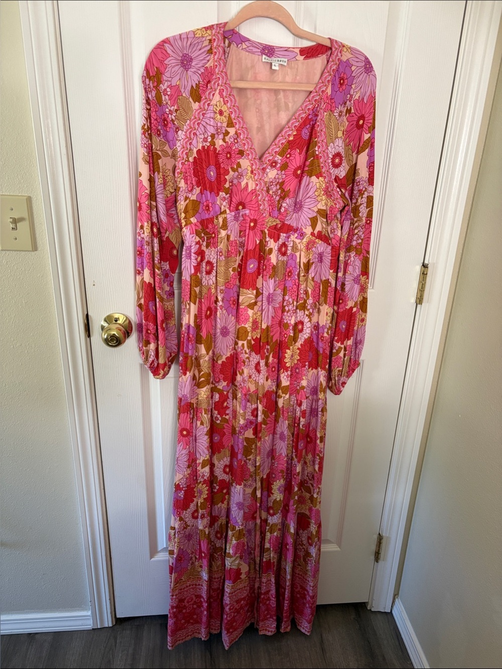 BALTIC BORN Pink Floral V-Neck Maxi Dress Size Large